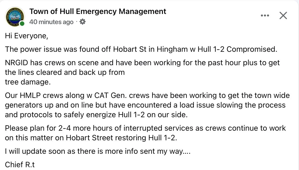 Update from 3:45 p.m. Monday on the townwide generators. Hull Light is having trouble getting them fully operational.

 #hullma #hullmanews #nantasket #MALocalNews #hulltimes #southshorenews
