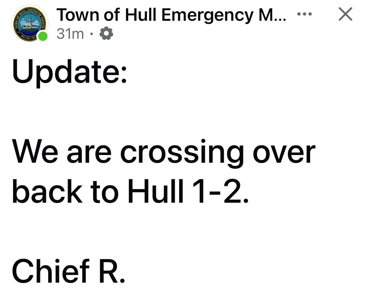 As the power feed changes from the generators back to the main lines, there will be an interruption in service.

 #hullma #hullmanews #nantasket #MALocalNews #hulltimes #southshorenews