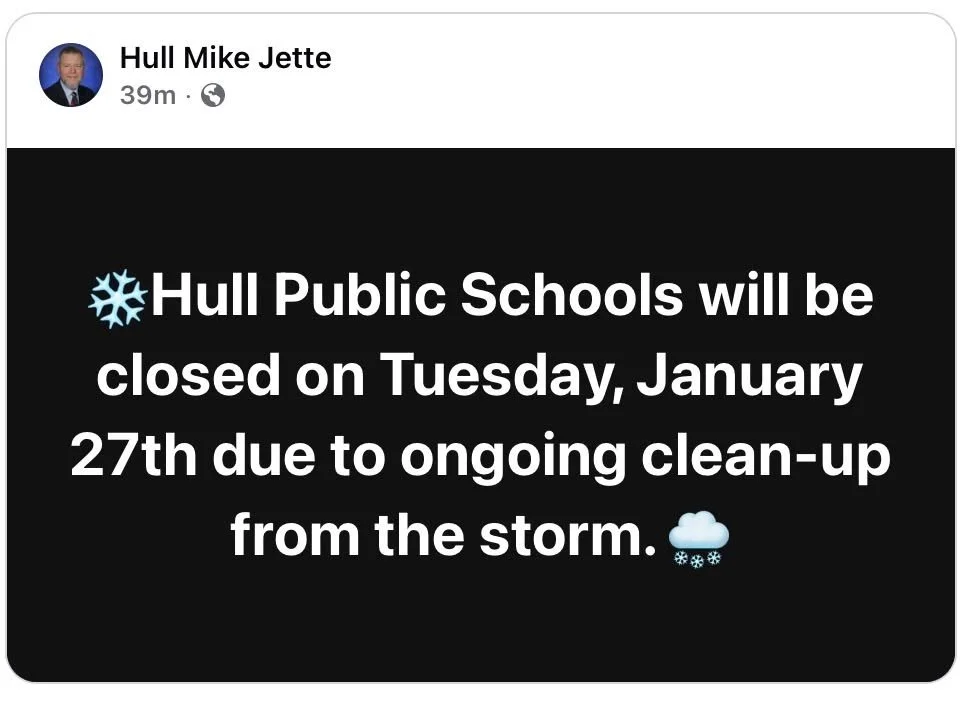 Hull Public Schools will be closed on Tuesday, January 27. 

 #hullmanews #hulltimes #hullma #nantasket #MALocalNews #southshorenews