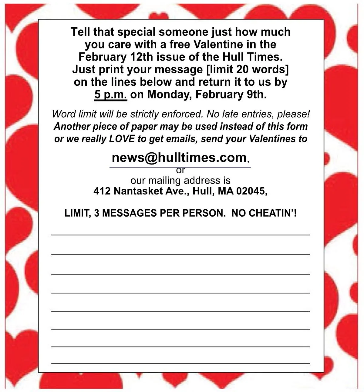 Monday's the deadline! Share the love with FREE Valen-Times messages in the February 12 issue of The Hull Times. Send them by email to news@hulltimes.com.

 #hullma #hullmanews #nantasket #MALocalNews #hulltimes #southshorenews