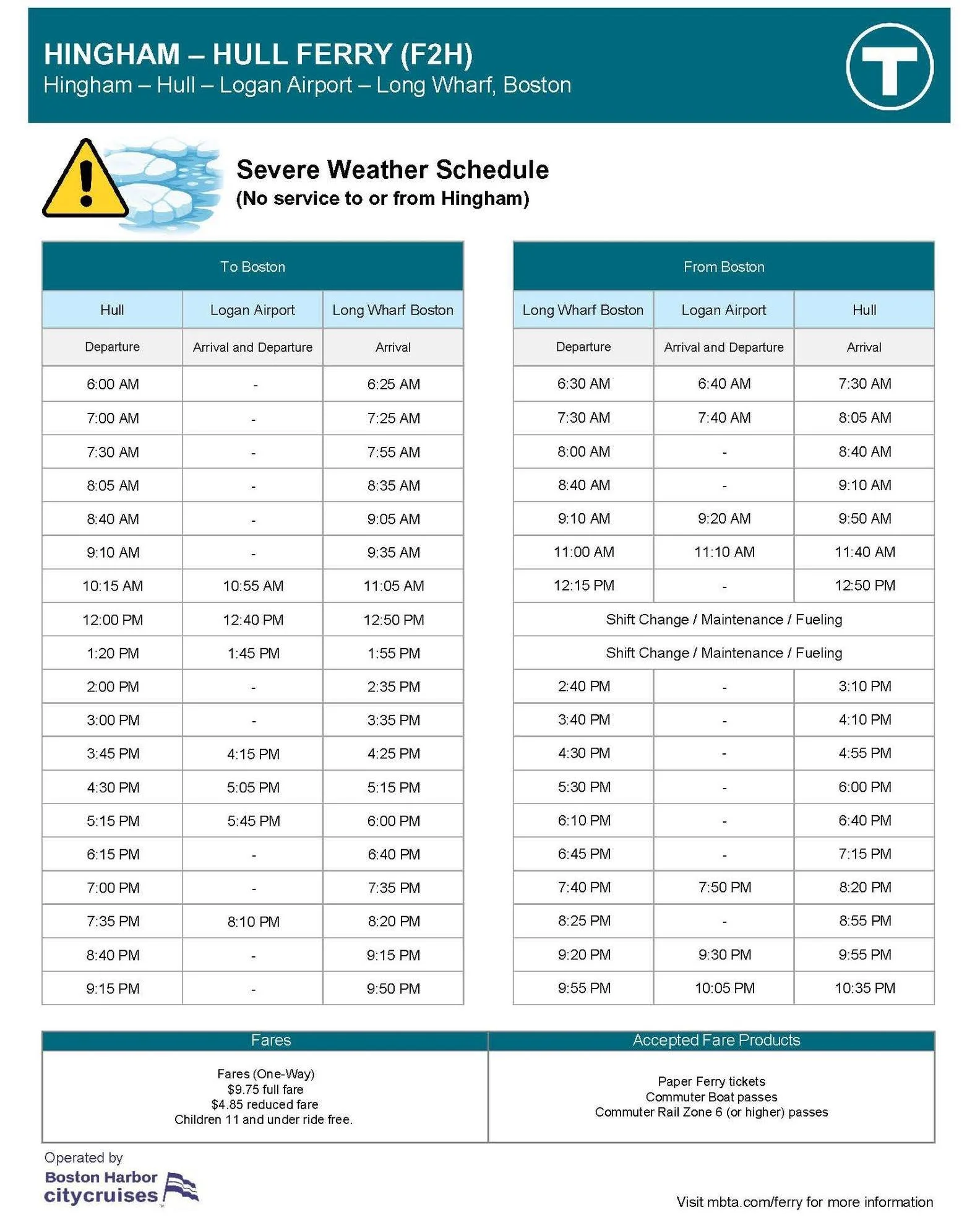 With the MBTA's Hingham ferry service out of commission again on Tuesday, February 10, the Hull boats will operate on a revised schedule - details at www.mbta.com/hinghamferry. 
Also, to help with the parking crunch at Pemberton, shuttle buses will r