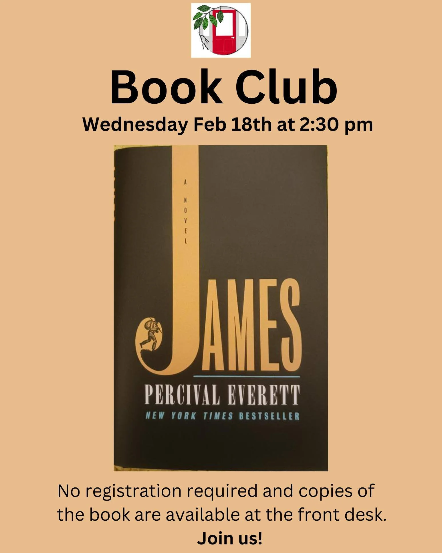 The @hull_public_library's February book club book is "James" by Percival Everett, a 2024 novel that retells Mark Twain's "The Adventures of Huckleberry Finn" from the perspective of the enslaved man, Jim, giving him agency and a 