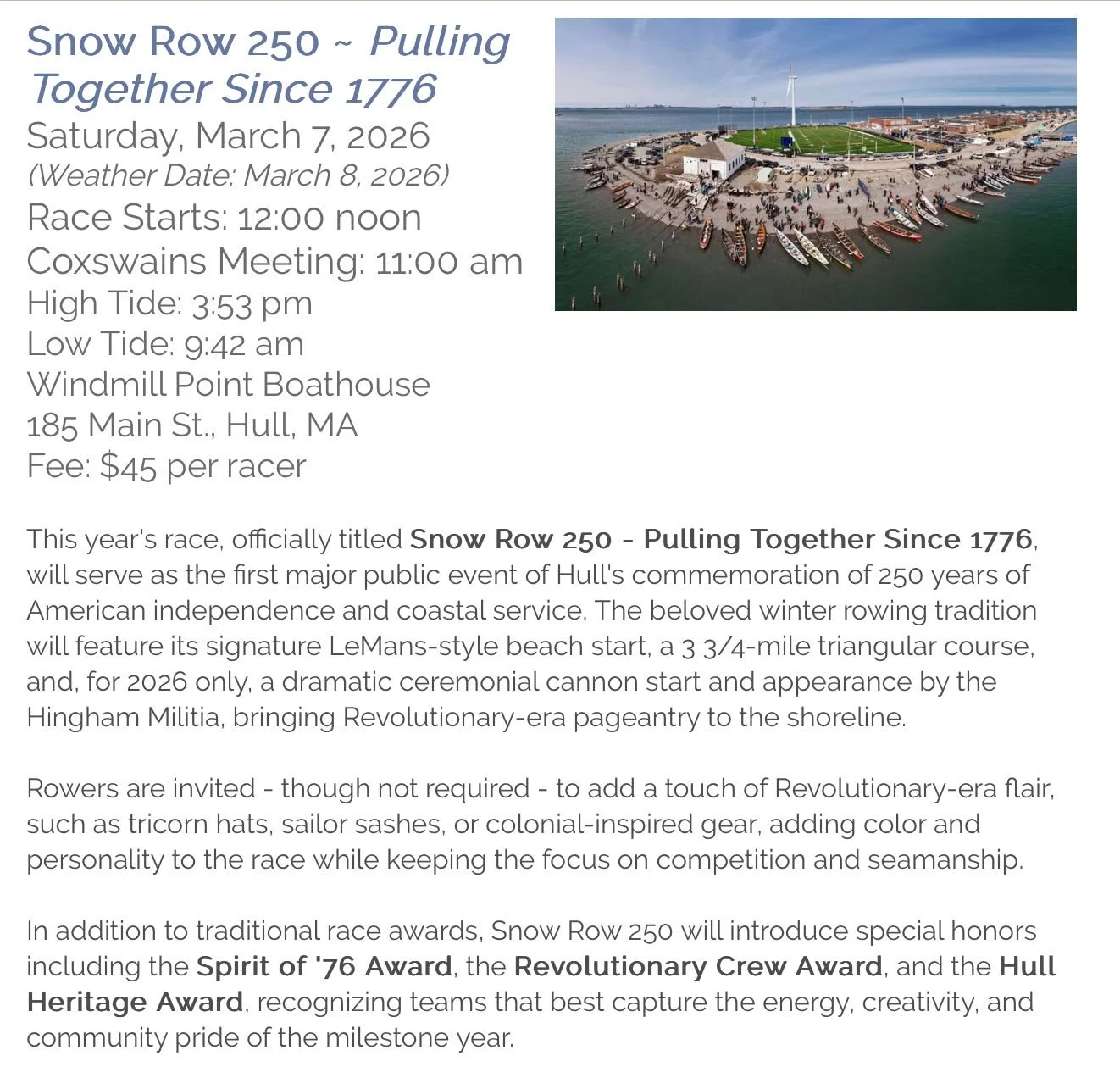 The Snow Row is the first major event of Hull's celebration of the country's 250th Anniversary. Visit www.hulllifesavingmuseum.org for more information.

 #hullma #hullmanews #MALocalNews #nantasket #hulltimes #southshorenews