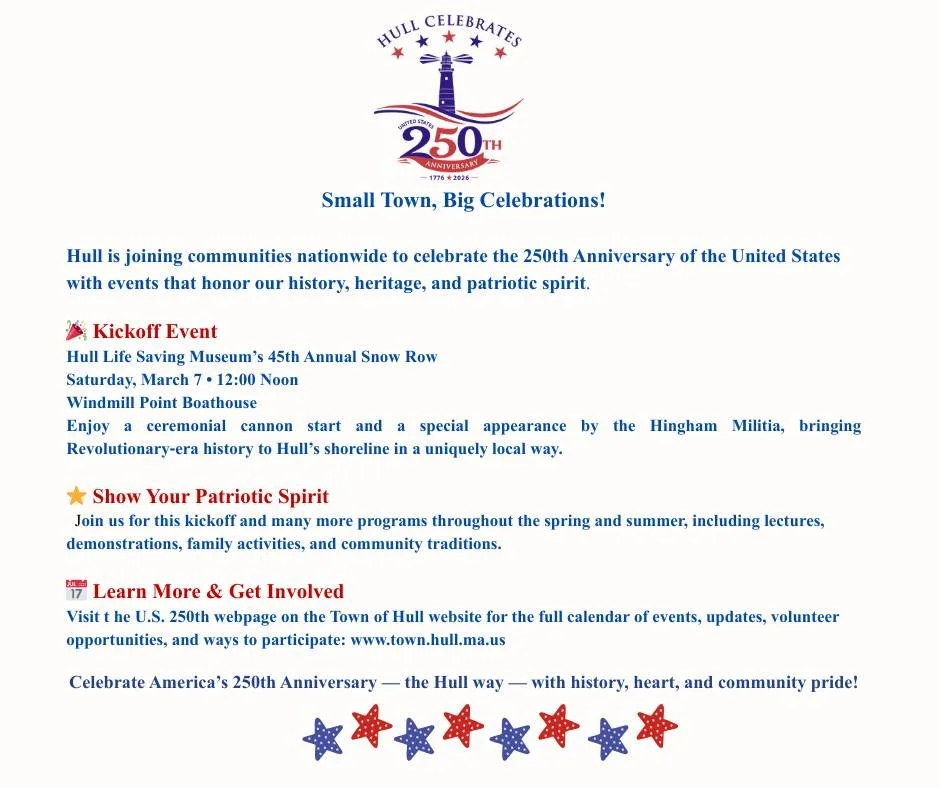 Hull is gearing up to celebrate the 250th Anniversary of the signing of the Declaration of Independence this year! Visit www.town.hull.ma.us to find out how to get involved with the planning committee.

 #hullmanews #hullma #nantasket #MALocalNews #h