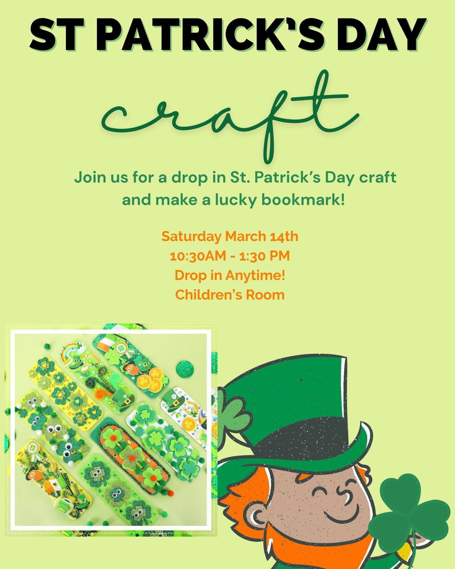 On Saturday, March 14, drop into the @hull_public_library Children's Room anytime from 10:30 a.m. to 1:30 p.m. and make a lucky bookmark for St. Patrick's Day!🍀