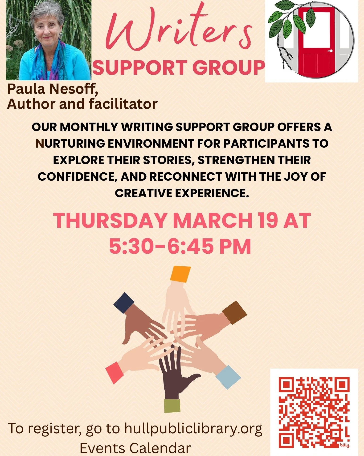 Want to get your creative juices going? Join the Writers Support Group facilitated by Paula Nesoff on Thursday, March 19, from 5:30 p.m. to 6:45 p.m. at the @hull_public_library. Register with the QR code or visit www.hullpubliclibrary.org.

 #hullma
