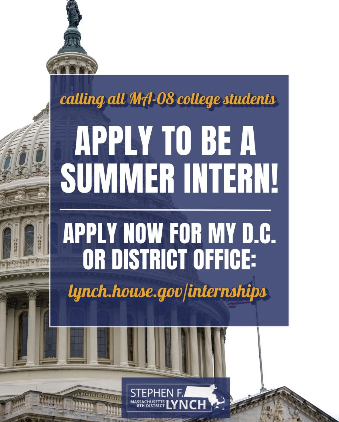 U.S. Rep. Stephen Lynch  is accepting applications for internships in his offices in Washington, D.C. and locally within the district. To learn more and apply, visit https://lynch.house.gov/internships

 #hullma #hullmanews #nantasket #MALocalNews #h