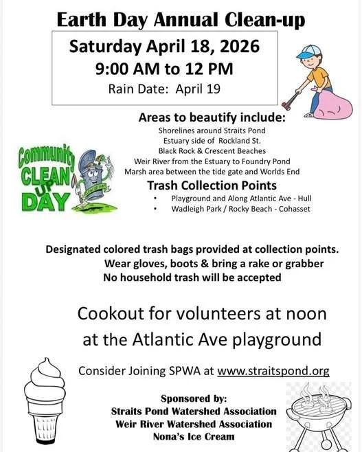 Cleaning up Straits Pond is a good idea, but ice cream afterward makes it even better! Join the Straits Pond Watershed Association and neighborhood residents on Saturday, April 18 from 9 a.m. to noon to help make a difference!

 #nantasket #hullma #M
