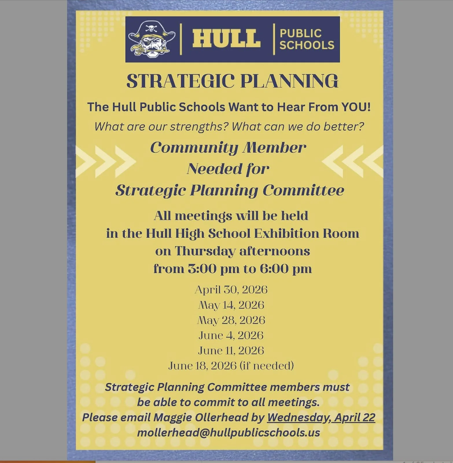 The school department is looking for one community member to join the Strategic Planning Committee to plan for the district's next five years.
Interested? Reach out to Maggie Ollerhead at mollerhead@hullpublicschools.us by Wednesday, April 22.
One pe