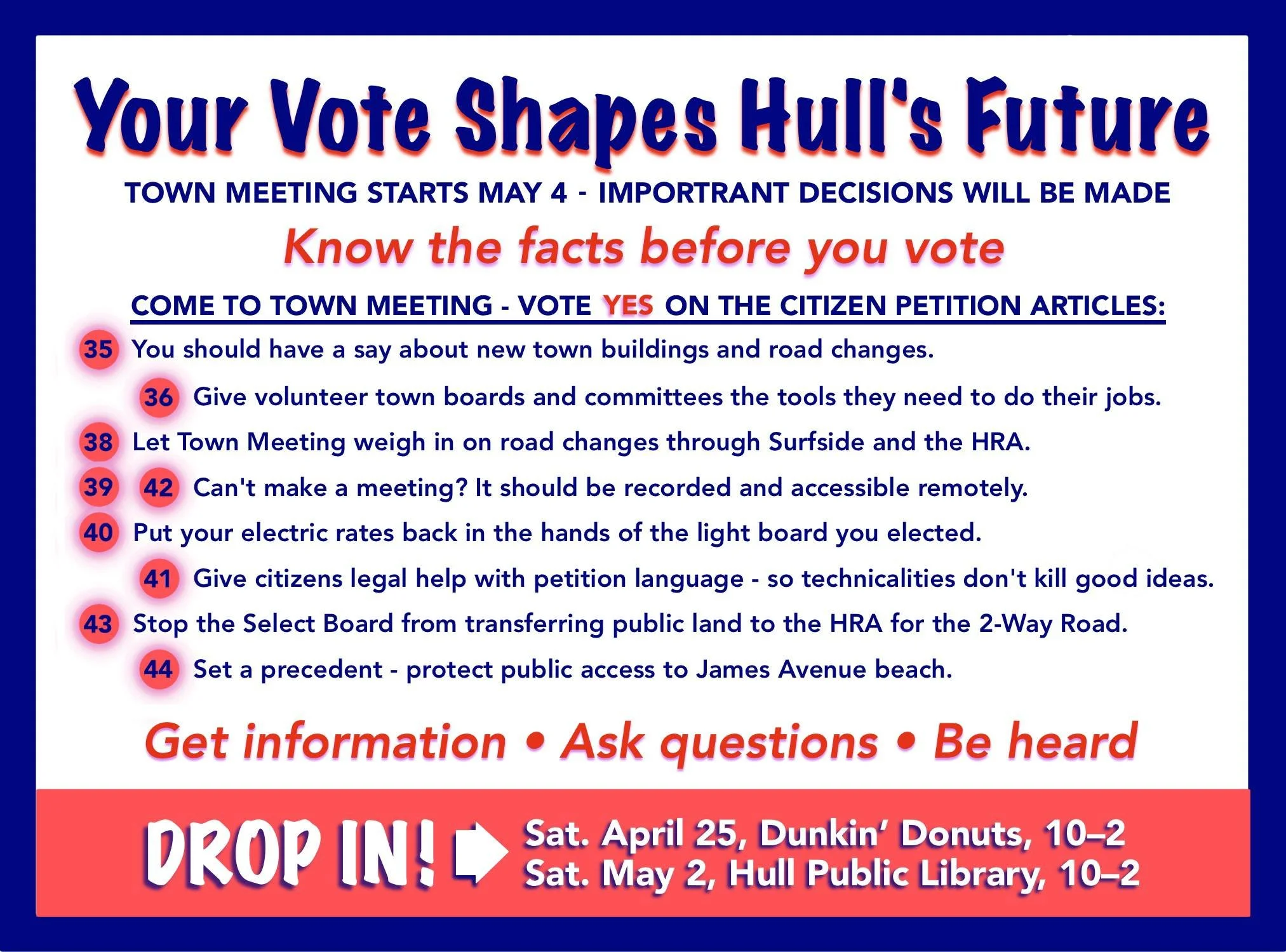The sponsors of the citizens&rsquo; petitions on the town meeting warrant are holding informational sessions to explain their positions prior to the May 4 town meeting. For the full text of the warrant, click the link in the left-hand column on www.h