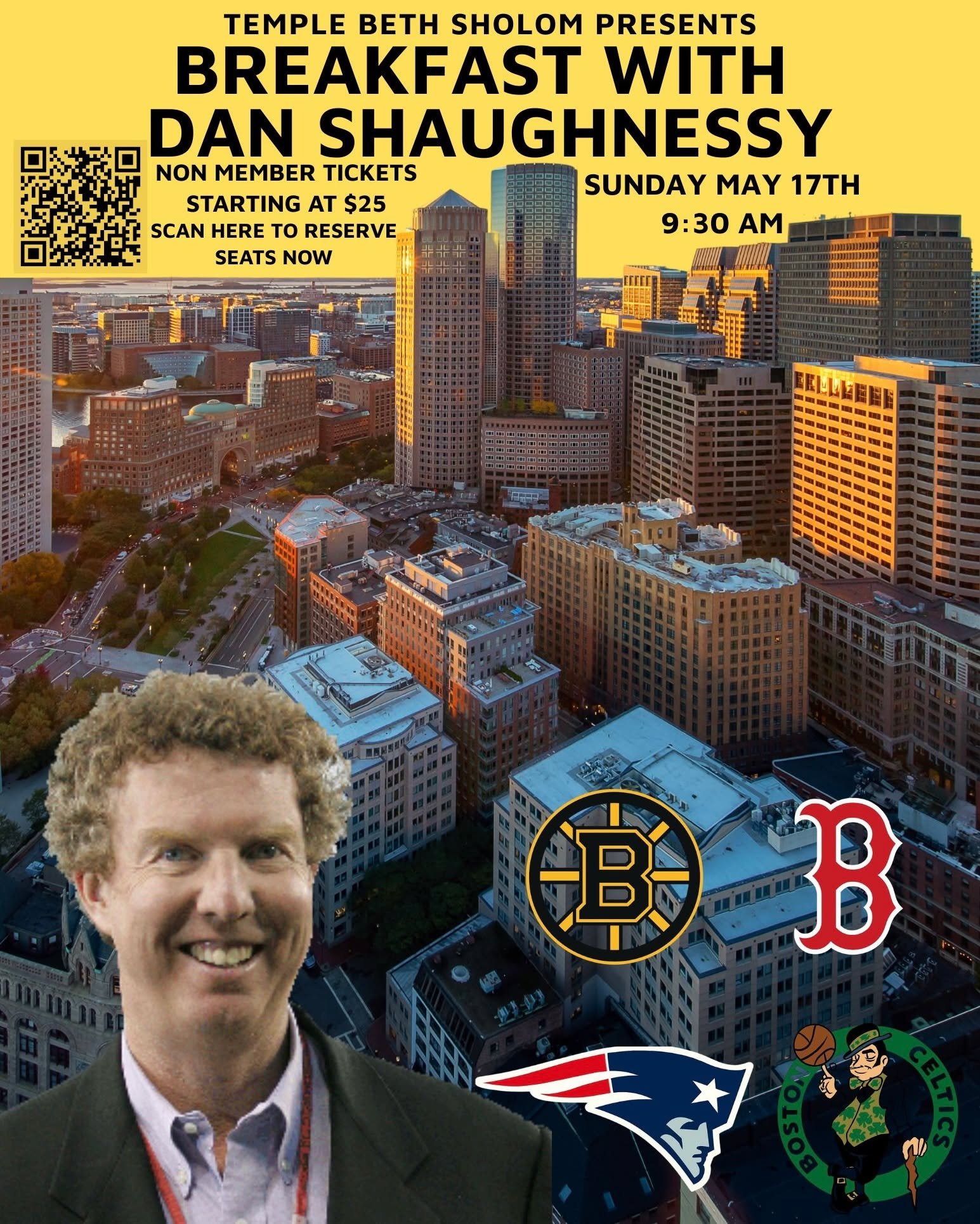 Boston Globe Columnist Dan Shaughnessy will be the special guest at Temple Beth Sholom&rsquo;s annual sports breakfast on Sunday, May 17 at 9:30 a.m. Tickets are $25 for non-temple members, $20 for temple members, and $10 for high school students and