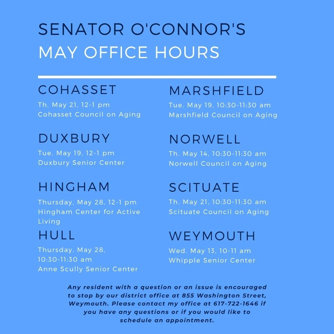 Residents with questions or concerns who are unable to attend these office hours are welcome to walk in or make an appointment at O'Connor's office at 855 Washington Street, Weymouth,  Monday-Friday, 9-5, or call 617-722-1646.

 #hullma #hullmanews #