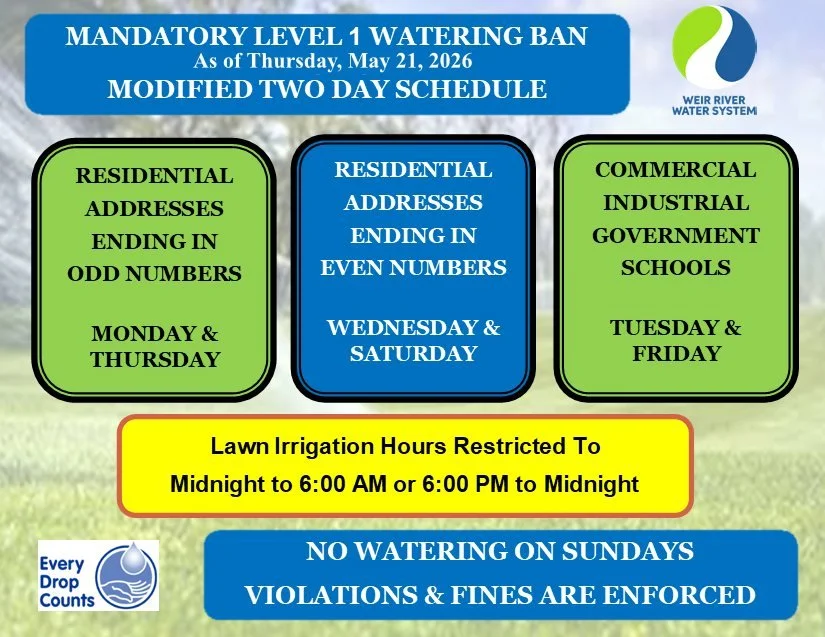 On Thursday, May 21, the Weir River Water System will move to a Level 1 Drought Status watering schedule, in order to comply with the MassDEP declaration for the Southeast Region. This will be in effect until the drought status changes. All other out