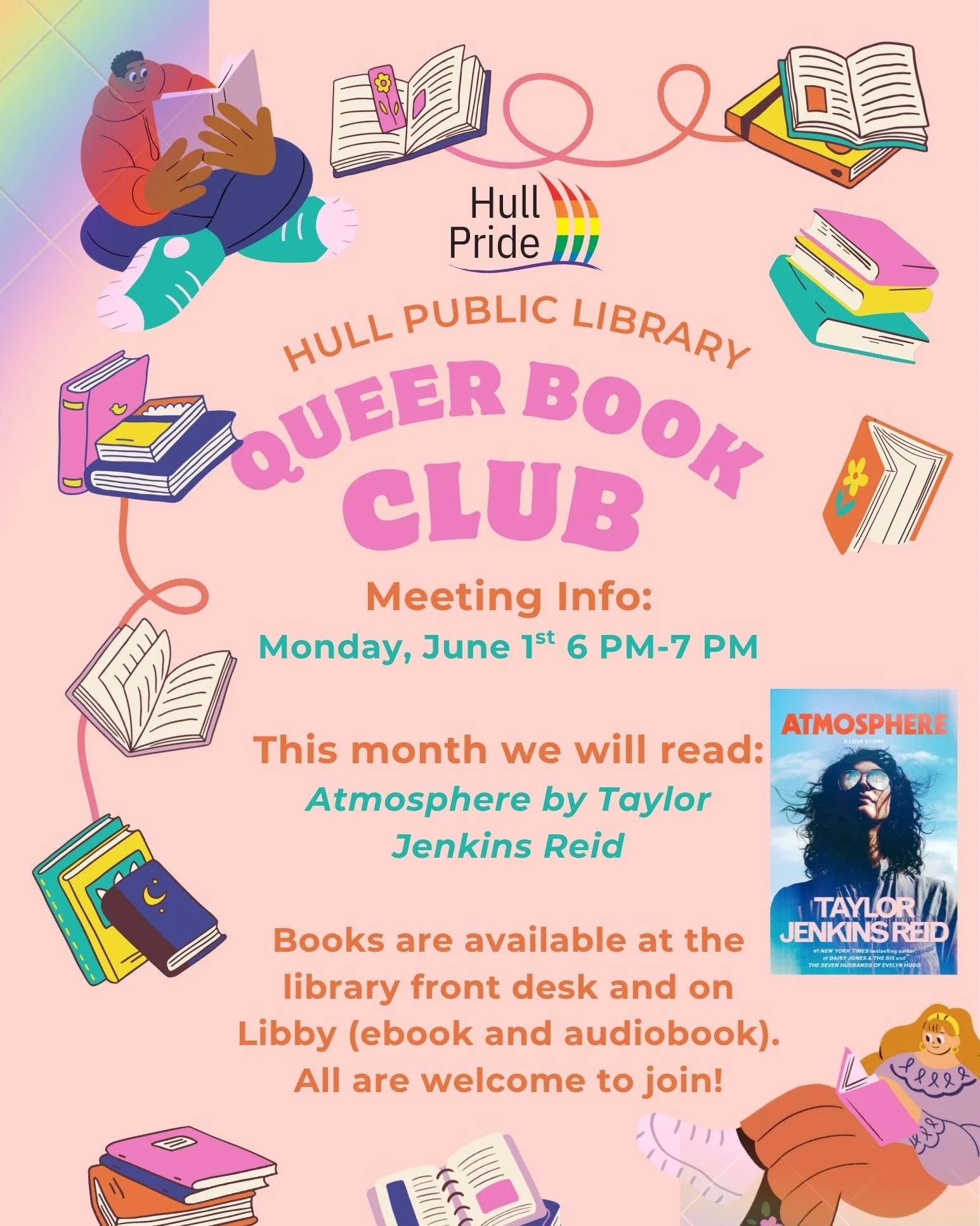 The @hull_public_library and @hullpridema will be meeting on June 1 at 6 p.m. to discuss &ldquo;Atmosphere&rdquo; by Taylor Jenkins Reid. Books are still available at the library front desk, and ebooks and audiobooks are available on the Libby app. A