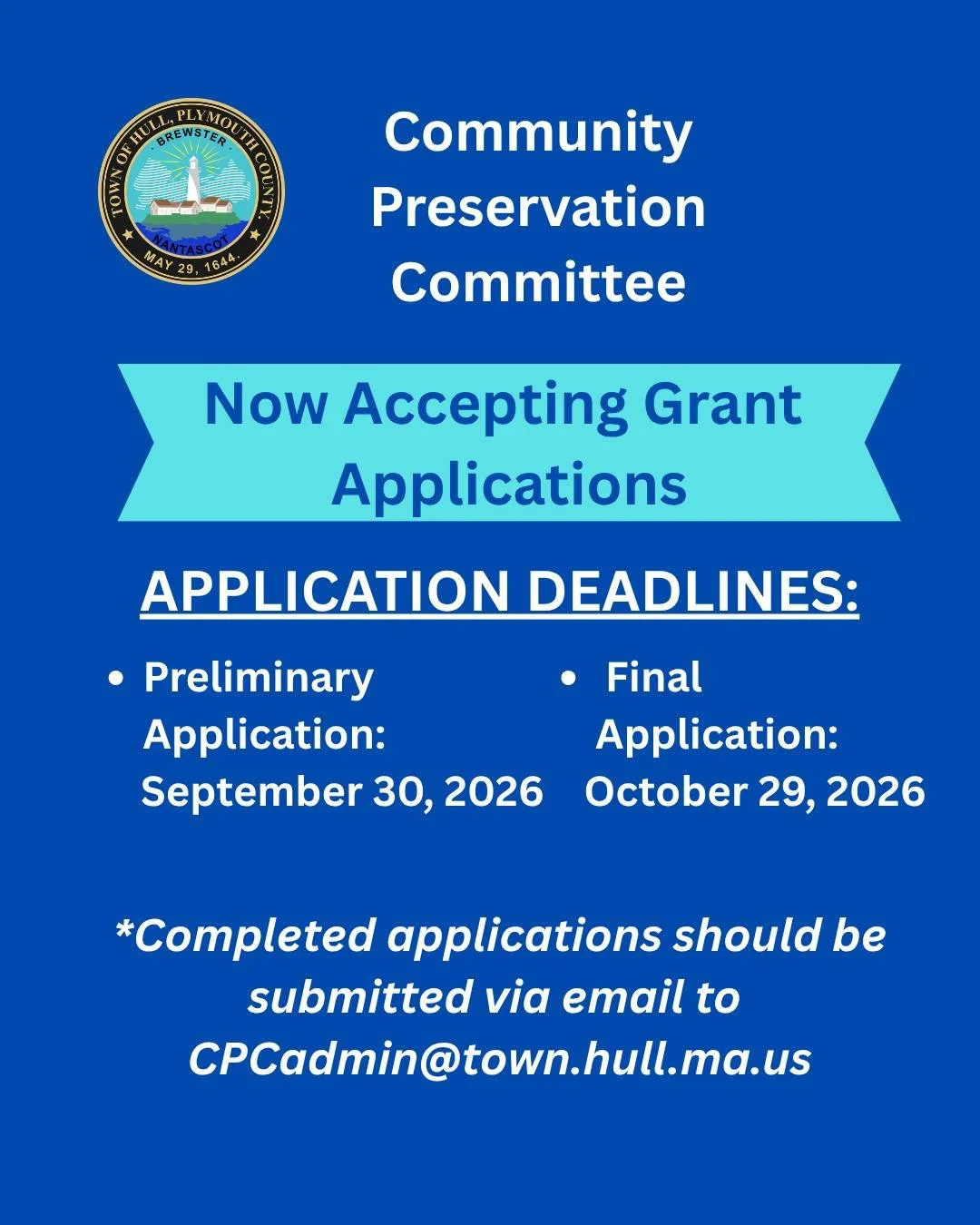 The Community Preservation Committee is seeking applications for grants to use funds collected under the Community Preservation Act surcharge on property tax bills. These will be reviewed by the committee, with funding eventually voted on at the spri