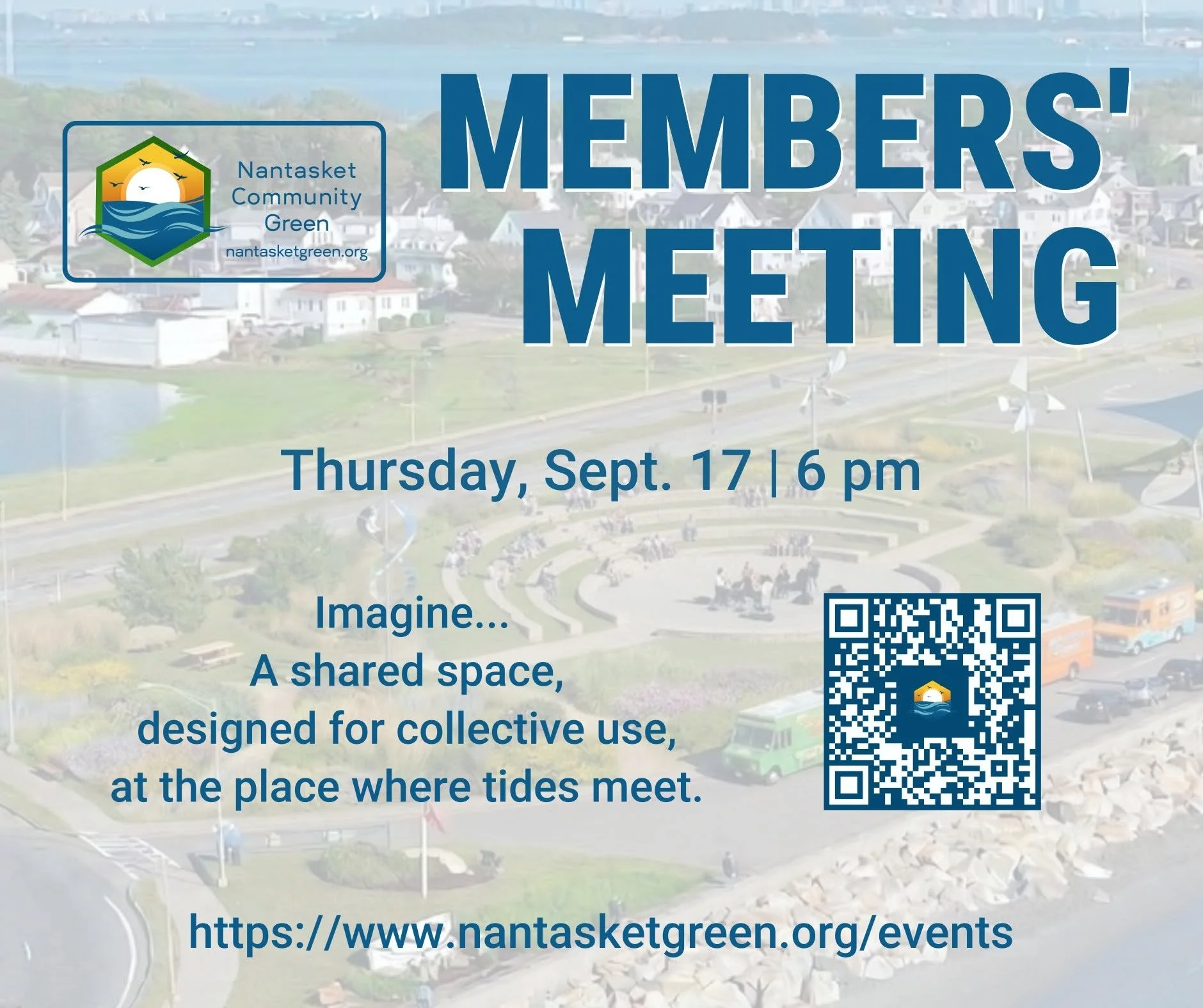 The first meeting of the Nantasket Community Green, a group organized to envision future uses of the redevelopment authority property, will be held on Thursday, September 17 at 6 p.m. at the home of a board member (address to be provided upon registr