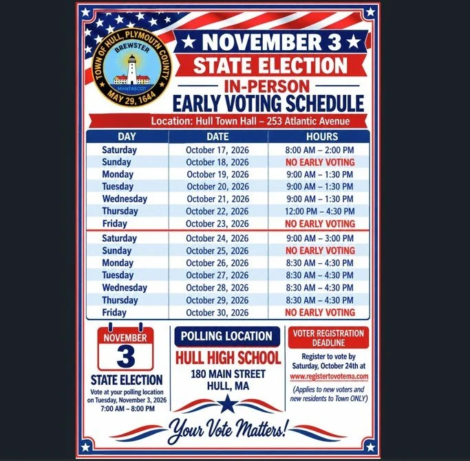 Early voting takes place at Hull Town Hall. Voting on election day will be at the high school.

 #nantasket #hullma #MALocalNews #hullmanews #southshorenews #hulltimes