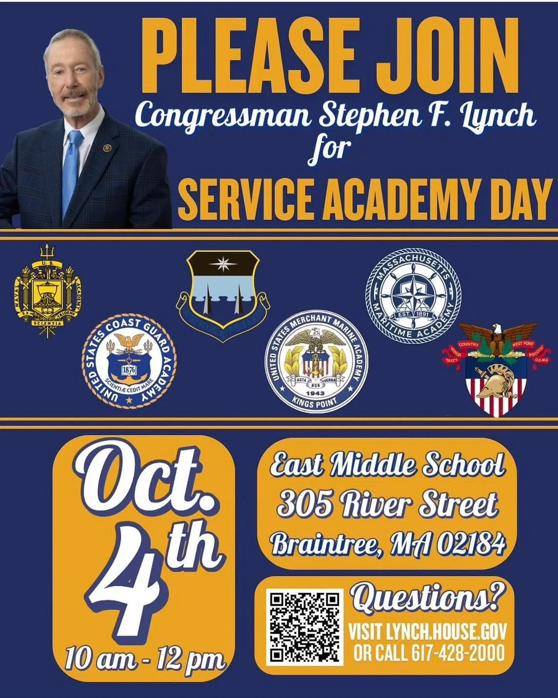 Students interested in applying to one of the U.S. service academies are invited to an information session with Rep. Stephen Lynch on October 4 from 10 a.m to noon at East Middle School in Braintree. 

#southshorenews #hullmanews #hulltimes #hullma #