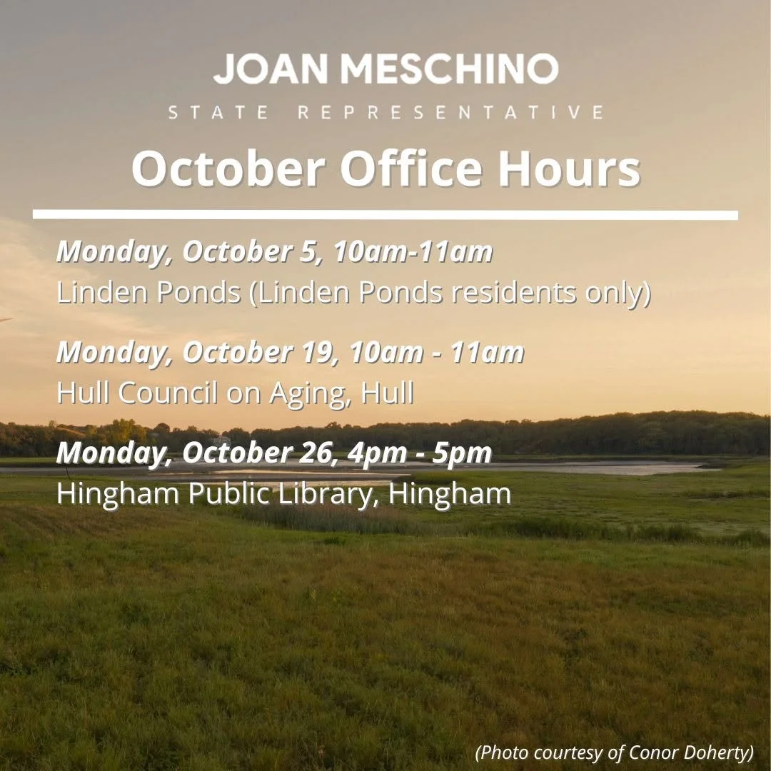 If you are unable to attend, you are welcome to contact Rep. Joan Meschino's staff to schedule a meeting: 617-722-2092.

 #hullma #hullmanews #nantasket #MALocalNews #hulltimes #southshorenews