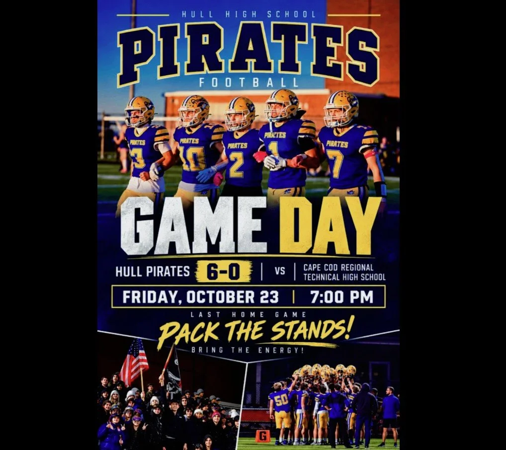 The undefeated Hull Pirates (6-0) will be taking on the similarly undefeated Cape Cod Tech Crusaders (5-0) under the lights at 7 p.m. at Finlayson Field at Hull Gut.
#hullma #nantasket #MALocalNews #hullmanews #hulltimes #southshorenews