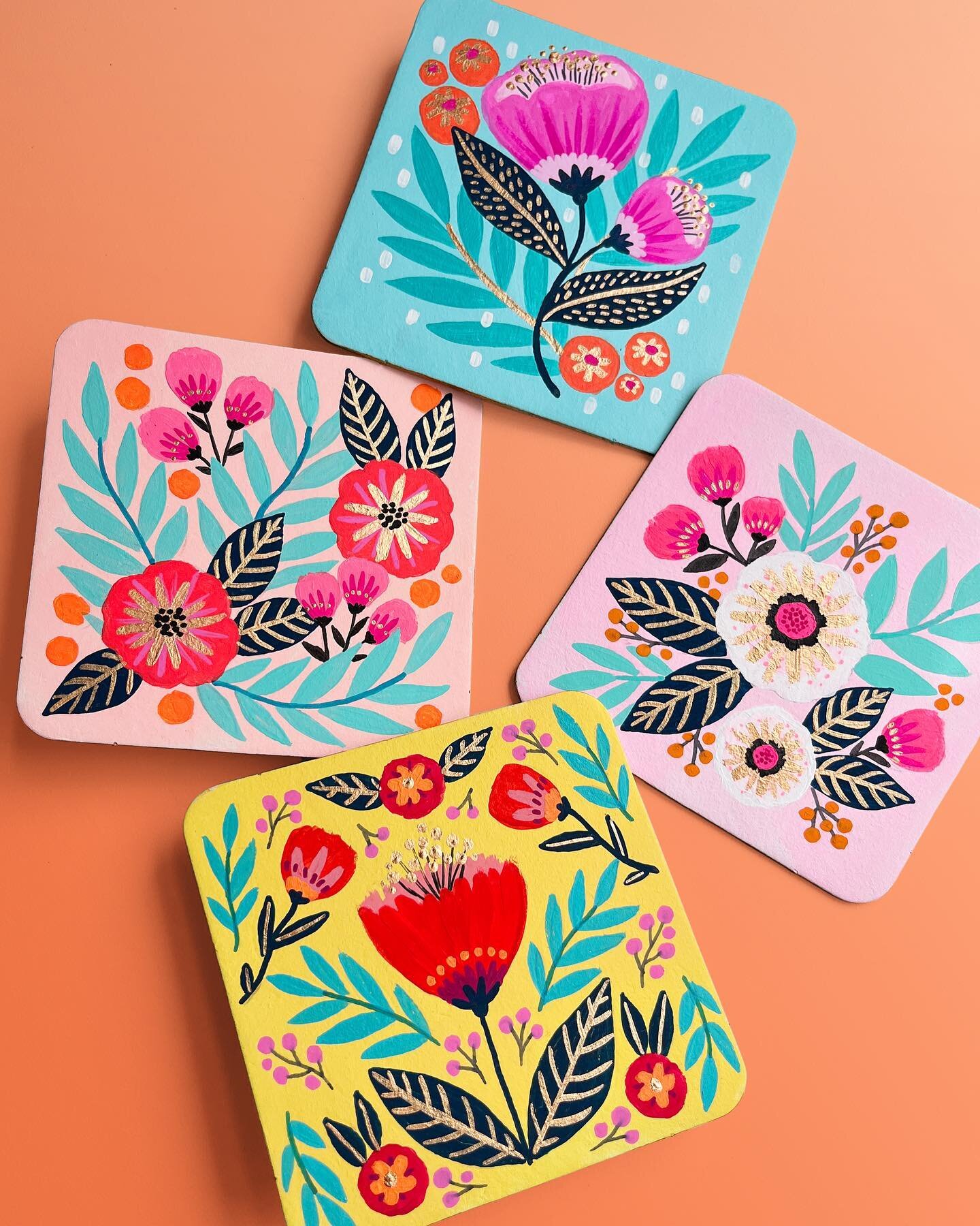 Hand-painted Coasters! 🌸✨ I was invited by @nucleusportland to participate in SALUT! 7 &mdash; their annual coaster art show. It's been a while since I've had to create artwork 100% by hand, and I really enjoyed it, but there were MANY times when I 