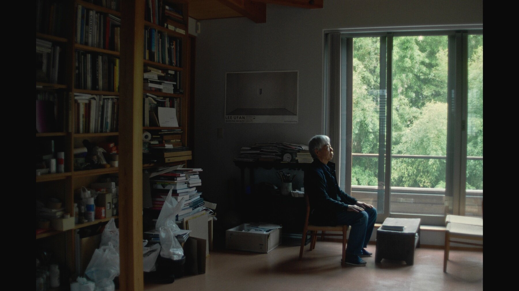 An elderly woman sitting on a chair in a cluttered room by a large window with green trees outside. The room has bookshelves filled with books on the left and piles of paper and miscellaneous items scattered around.