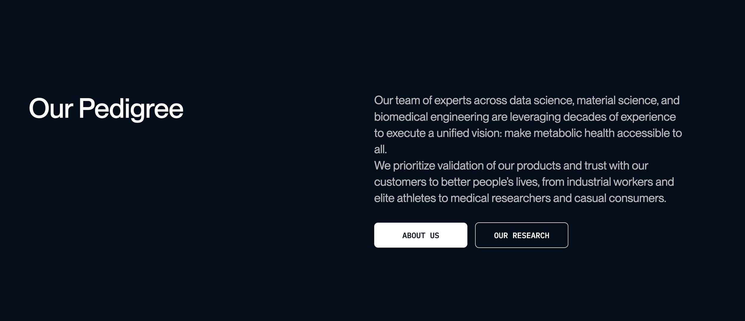 Website section titled 'Our Pedigree' with description about data science, material science, and engineering expertise, along with buttons labeled 'About Us' and 'Our Research'.