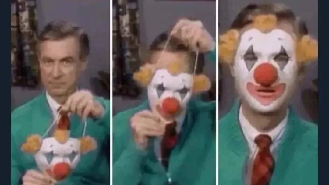 Three-panel image of a man holding a clown puppet. In the first panel, he is holding the puppet by strings. In the second panel, he is preparing to pull the strings, and in the third panel, the puppet's face and makeup are fully visible.