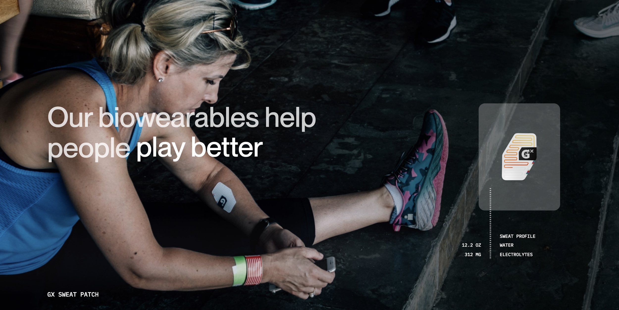A woman with blonde hair in a blue athletic tank top sitting on dark stairs, applying a GX sweat patch to her arm. She wears colorful athletic shoes and has a wristband on her wrist. A graphic overlay shows details about the sweat patch, including sweat profile, water, and electrolytes, with a close-up of the patch.
