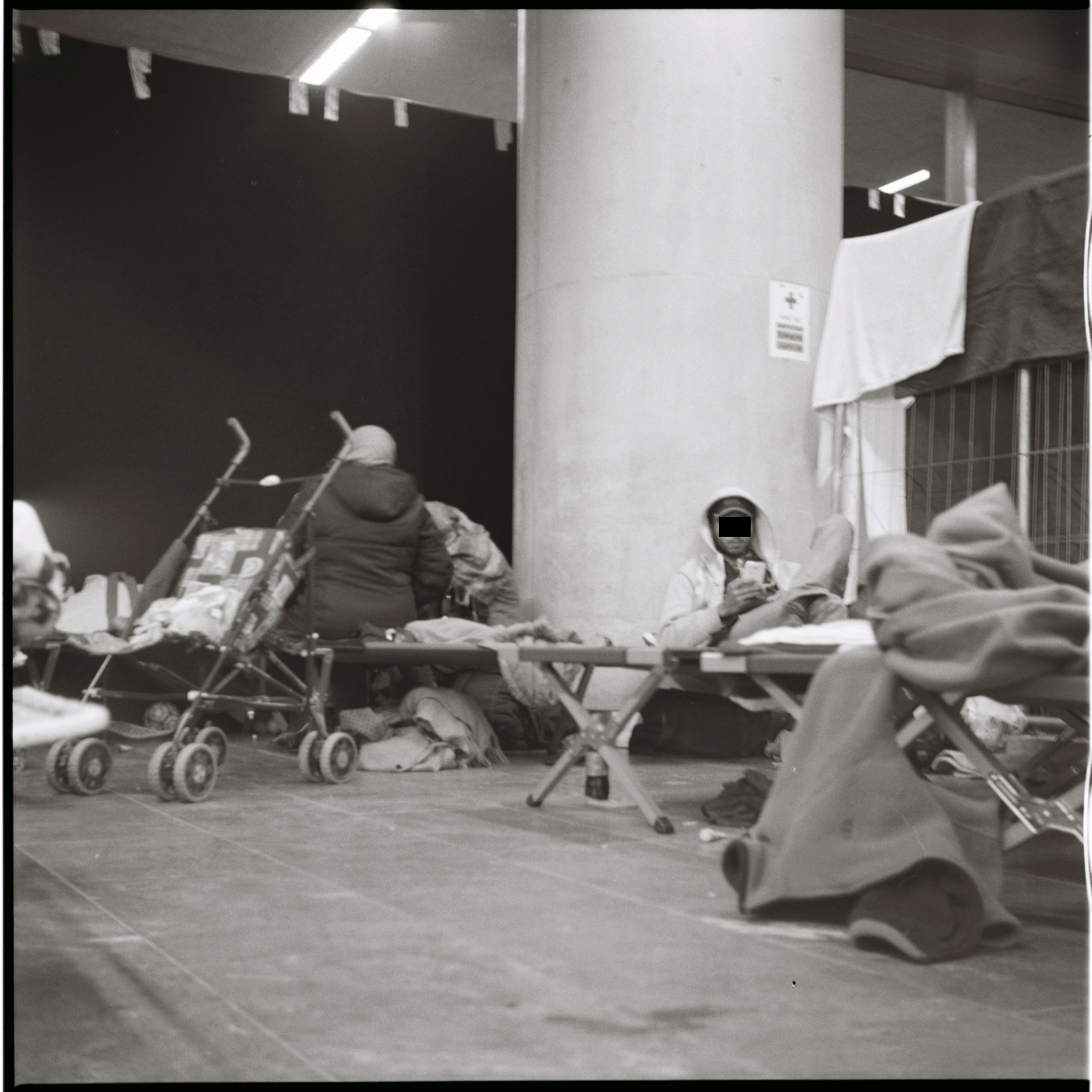We were able to rest on makeshift cots in the station, with sheets draped on dividers to give some small semblance of privacy.