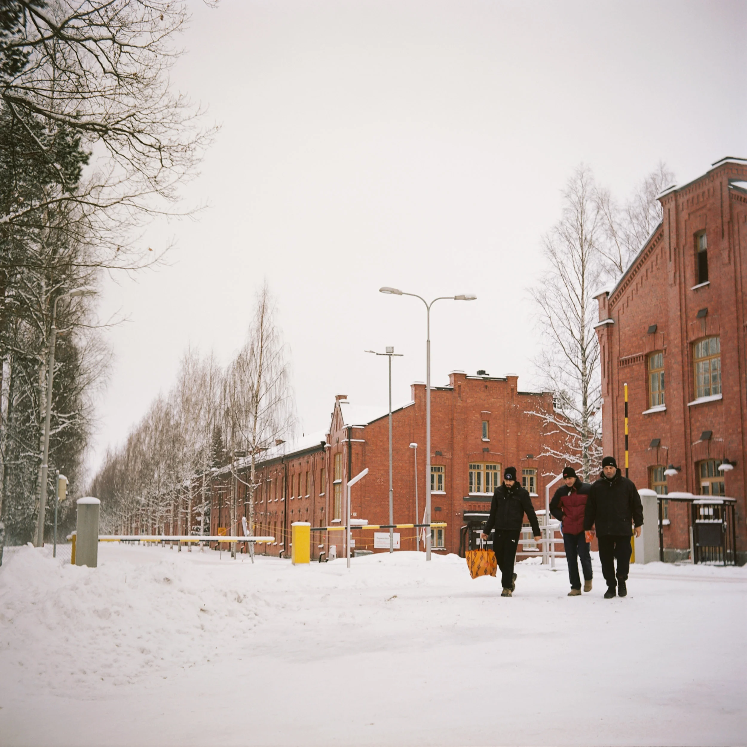 Outside an army barracks converted into refugee accommodations. (February 2016)