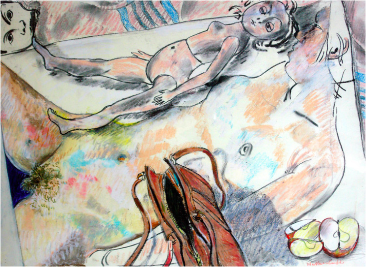 Naked doll resting on a drawing , Robin Wallace Crabbe, oil pastel