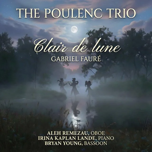 Music album cover titled 'Clair de lune' by The Poulenc Trio featuring a misty river scene with silhouetted figures dancing under a moonlit sky.