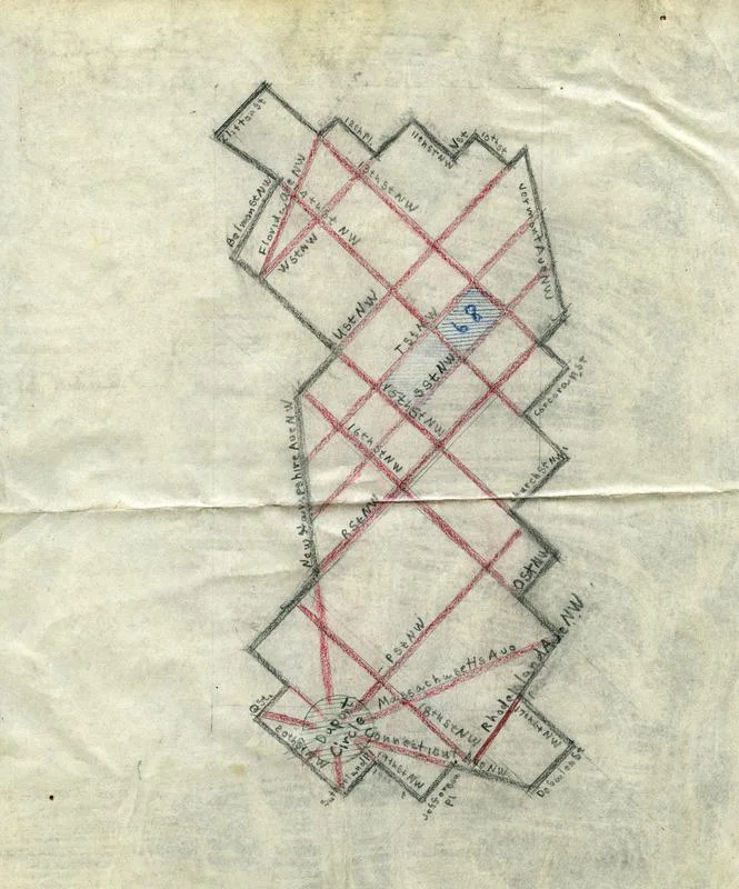 Area 35, the area east of Dupont Circle, as drawn by Wymer in 1949. Image courtesy of Historical Society of Washington, DC.