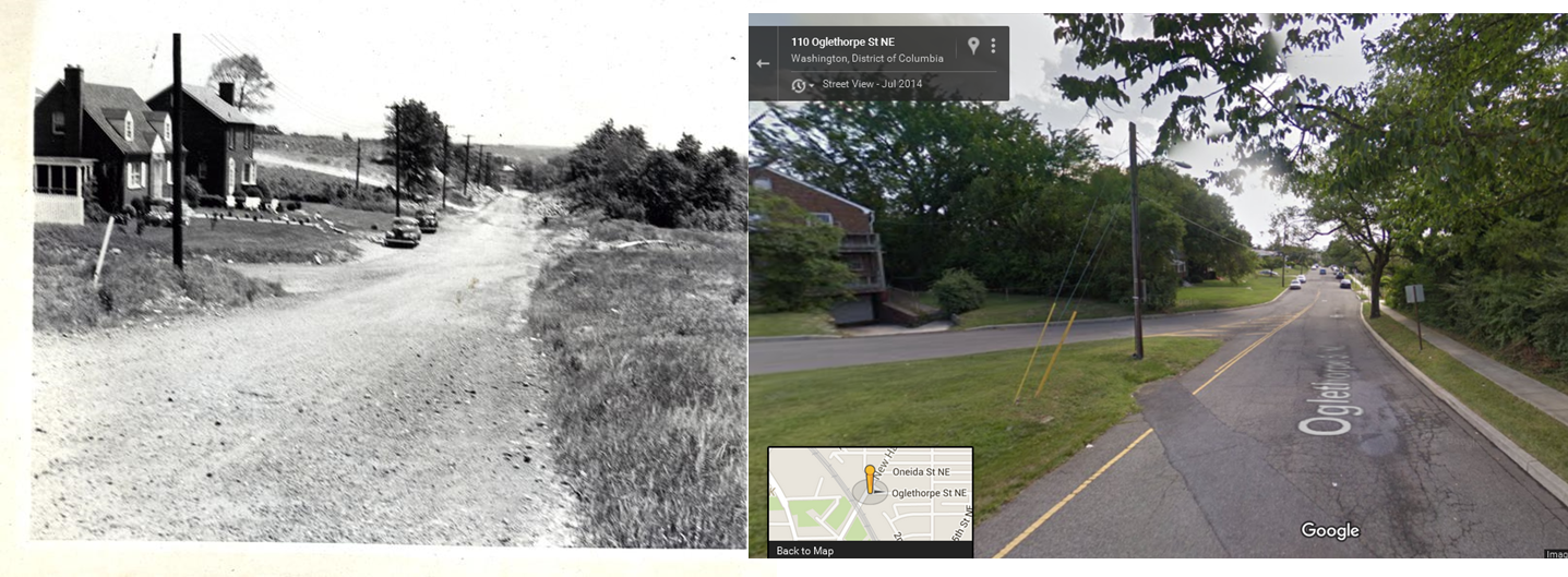 Side by side comparison of Wymer's photograph (WY 0196.03) and Google Street View, both taken at Oglethorpe Street NE looking east from New Hampshire Avenue NE.