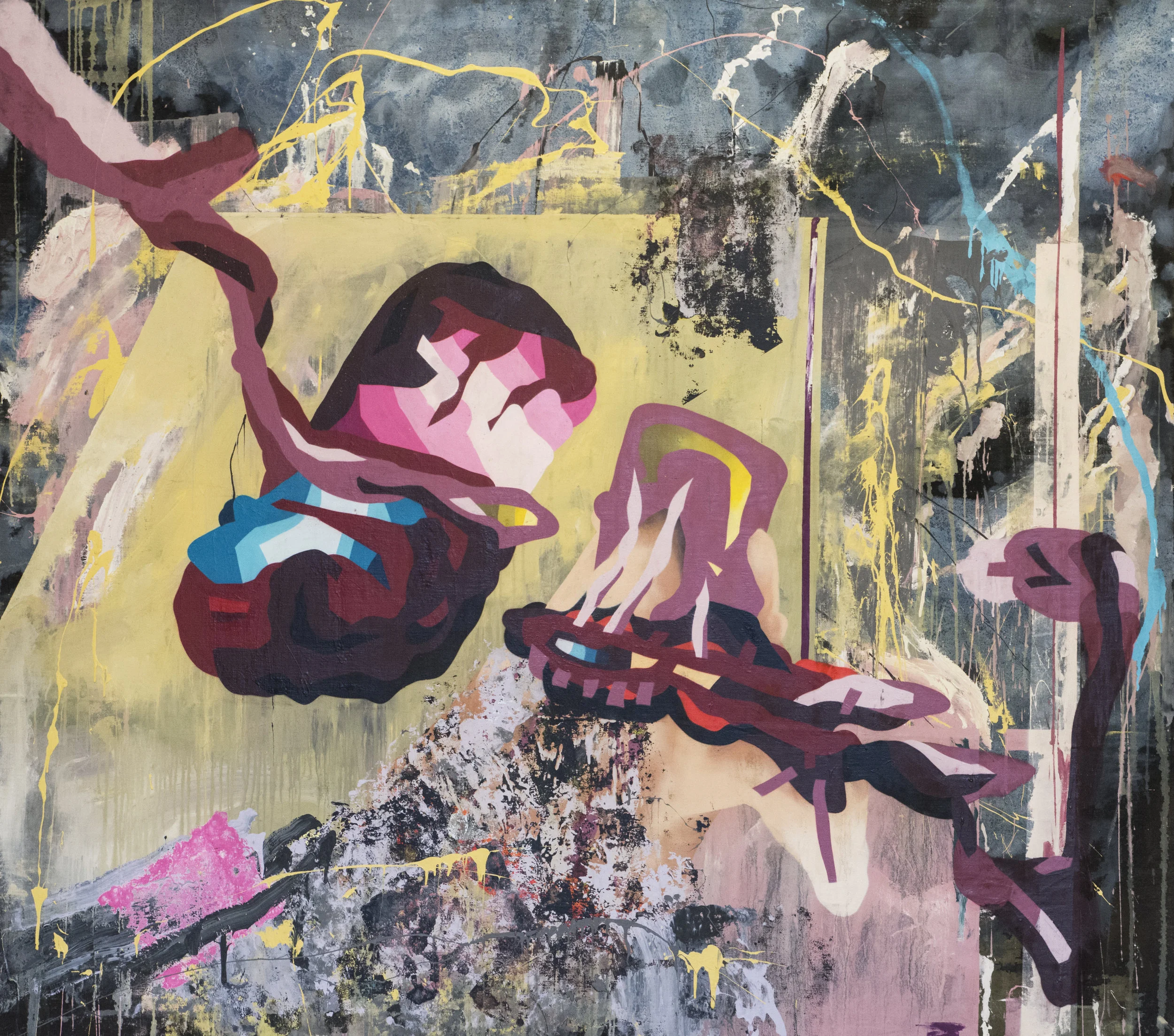 XXY 018 In collaboration with Anna Bergman & Pärra Von Andreasson 2017 Paint, ink and spray paint on linen 186 x 210 x 4.5 cm