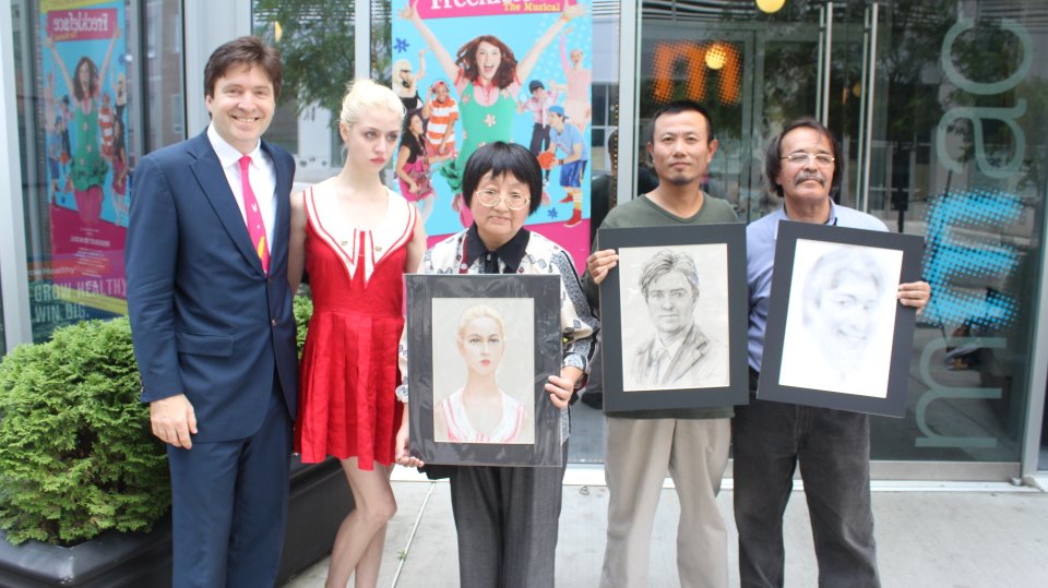 (L to R) Museum of Modern Art board member Lawrence Benenson and America's Next Top Model winner Allison Harvard pose with finalists Susan Rong, Wei Chin, and Anvar Makhkamov Mister ArtSee produces the first Annual Best Street Portrait/Caricature Artist Contest in New York City.