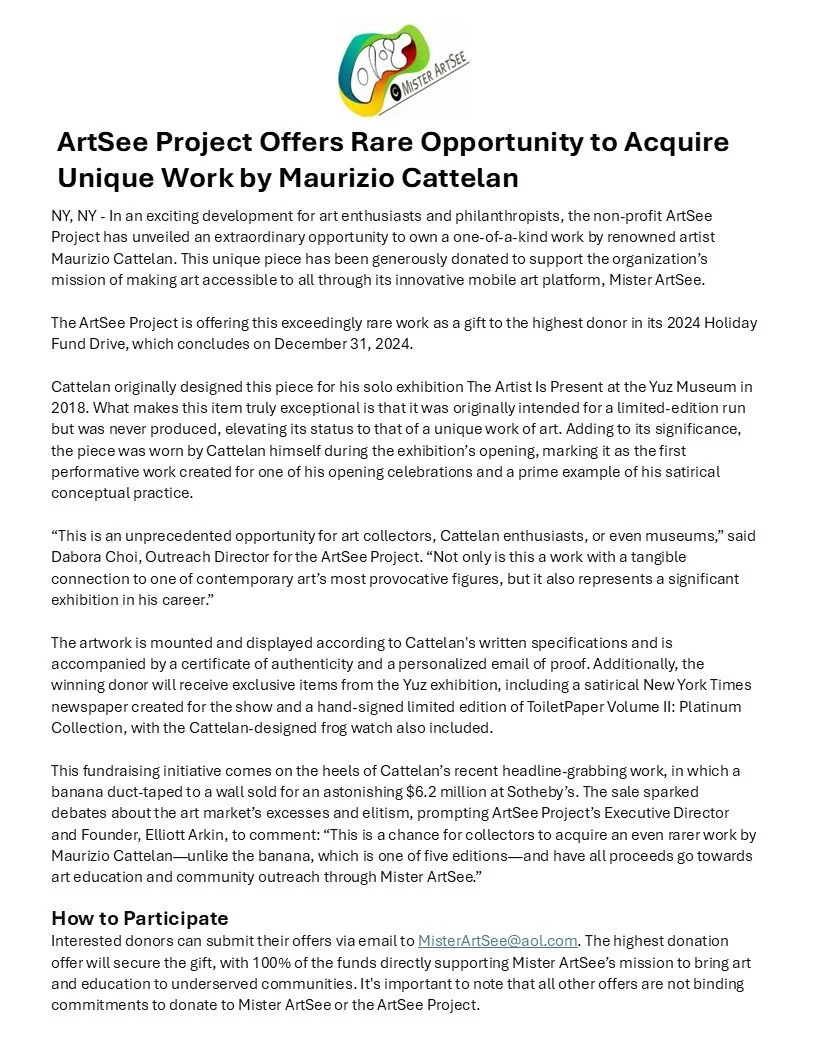 ArtSee Project offers rare opportunity to acquire unique work by Maurizio Cattelan 