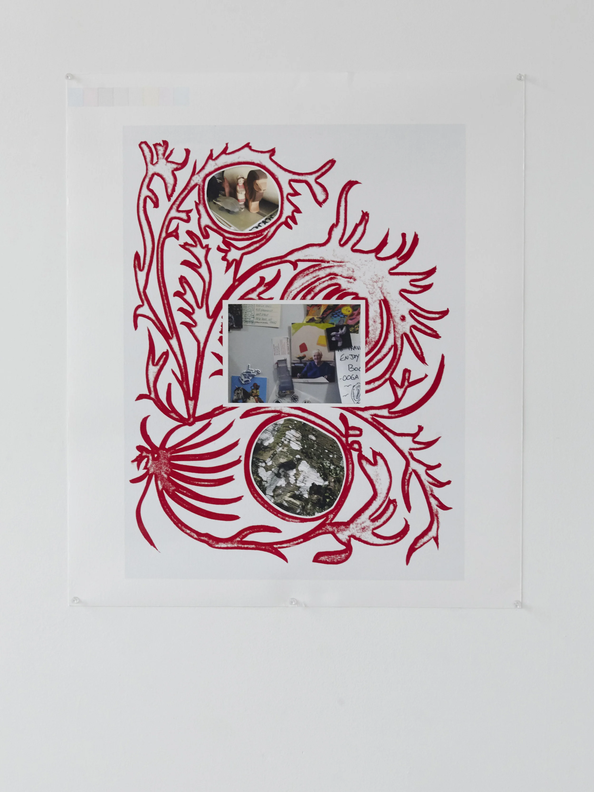Untitled - with Etel, bark, and wood figures, Inkjet print with inset photo, 24 x 18 in, 2016