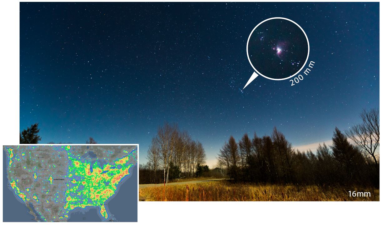 GET OUT THERE: Sometimes it's good to just get outside without a plan and see what you find to take photos of. This particularly cold and clear night I found stars and a bright nebula. To the left is a map that uses Google Maps to show where the brightest areas of light pollution are in the United States (and the world); see the link below for the full map.