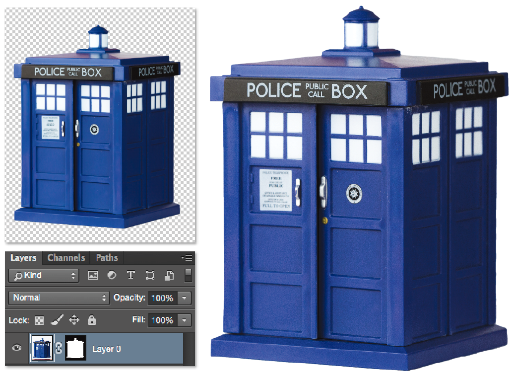 I created the final image in Adobe Photoshop using a mask so only the item is visible. The simple white background created by the paper in the original photo made it easier to select the item for the mask. 