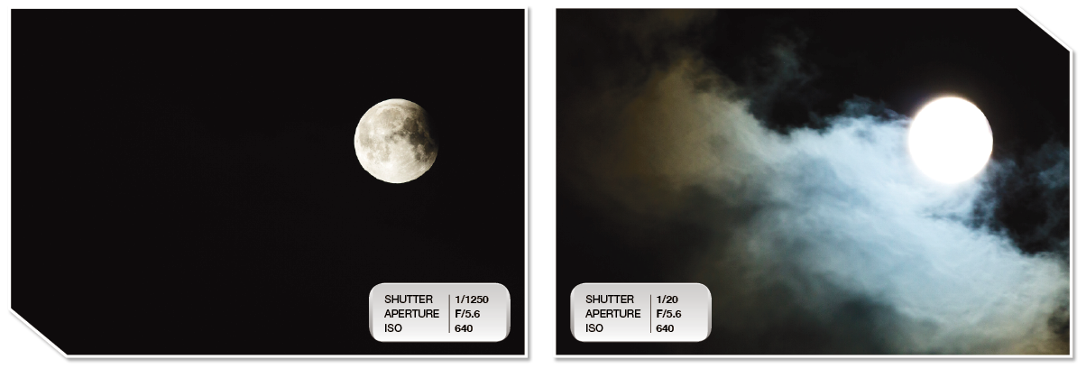 These two images were fused together in Adobe Photoshop to create the image at the top of the post. It required two exposures to both show the texture of the moon and to illuminate the clouds as they passed by.