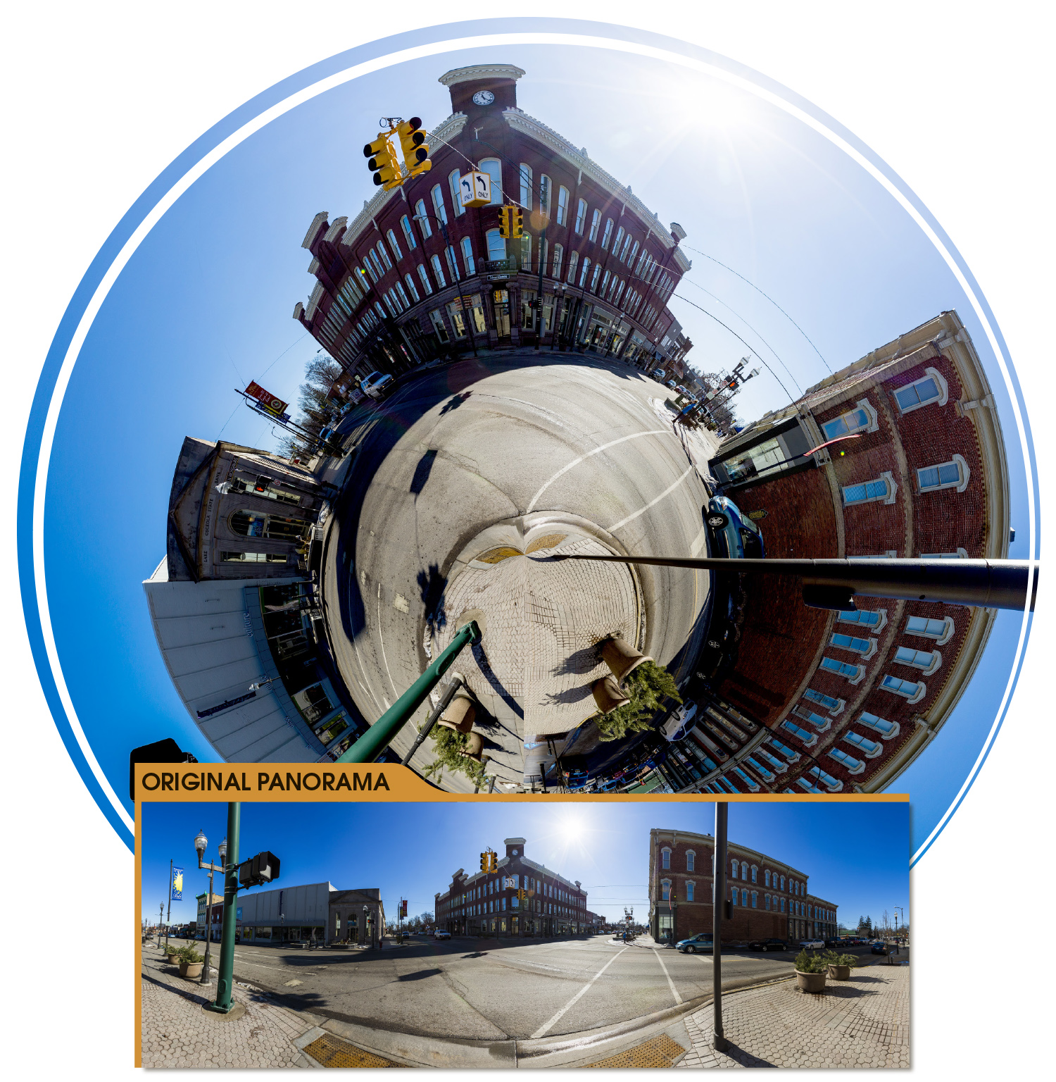 DOWNTOWN: Creating a miniature planet of downtown Big Rapids proved to be more difficult than the one I made in Hemlock Park. Many wires and poles shoot off the edge of the image, and finding the right place to shoot the panorama without getting ran over by cars was tricky. You’ll notice that for the panorama (which isn’t a full 360-degree shot), I made sure that the sidewalk was on the left and right edges of the image. This made creating the planet much easier in Photoshop.