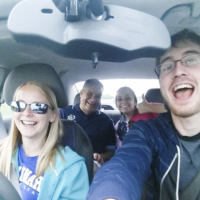 (From left to right) Co-workers and friends, Karin, Lonnie, Miranda, and myself take a road-selfie on our way down to Cedar Point on a much-needed vacation from work.