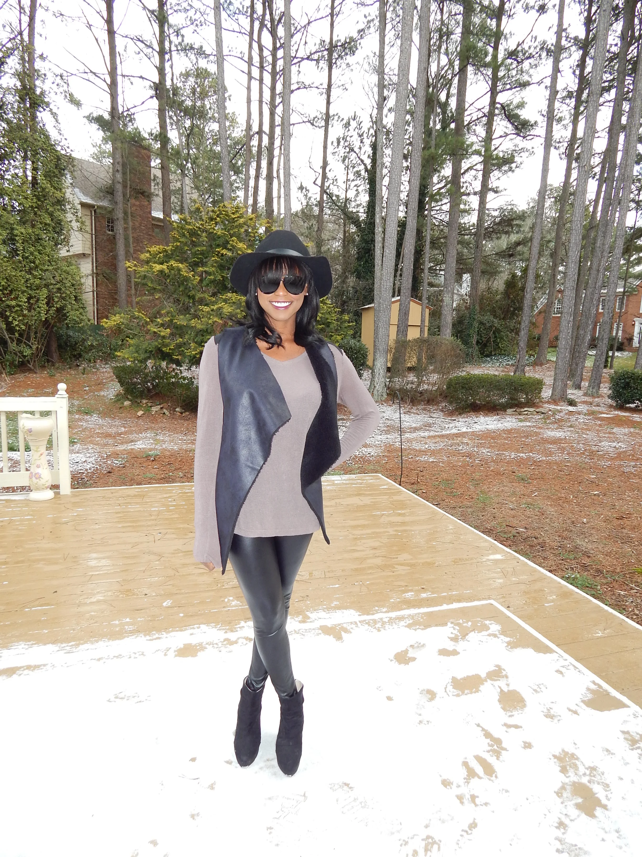 Hat: H&M Sunnies: Gucci Top: Target Vest: Nordstrom Leggings: Nordstrom Rack Shoes: Nine West (and so comfortable)