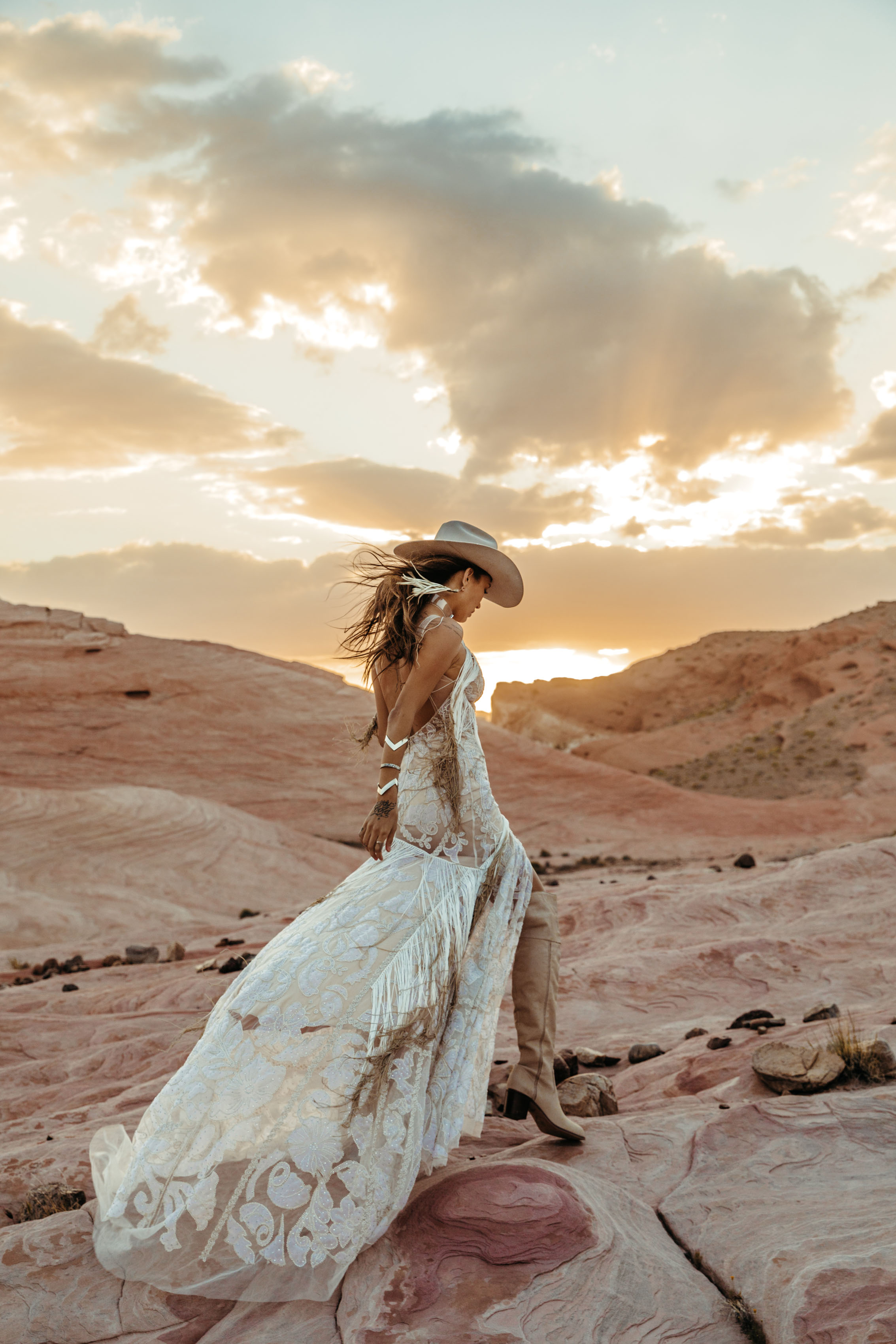  Monterey Gown | Rue De Seine | Rue De Seine Bridal | Moonrise Canyon Collection 2019 | wild west collection | free spirited bride | western style, halter neck, fitted bodice, fringe detailing trim, open back, beaded embroidery, western inspired appl