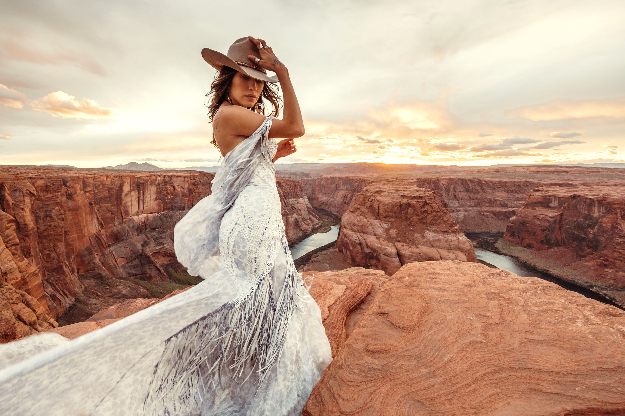  Blue Bayou Gown | Rue De Seine | Rue De Seine Bridal | Moonrise Canyon Collection 2019 | wild west inspired | free spirited bride boho wedding | bohemian | boho bride | wedding dress | bridal gown| bustier gown, billowy sleeves, floral print, lace, 