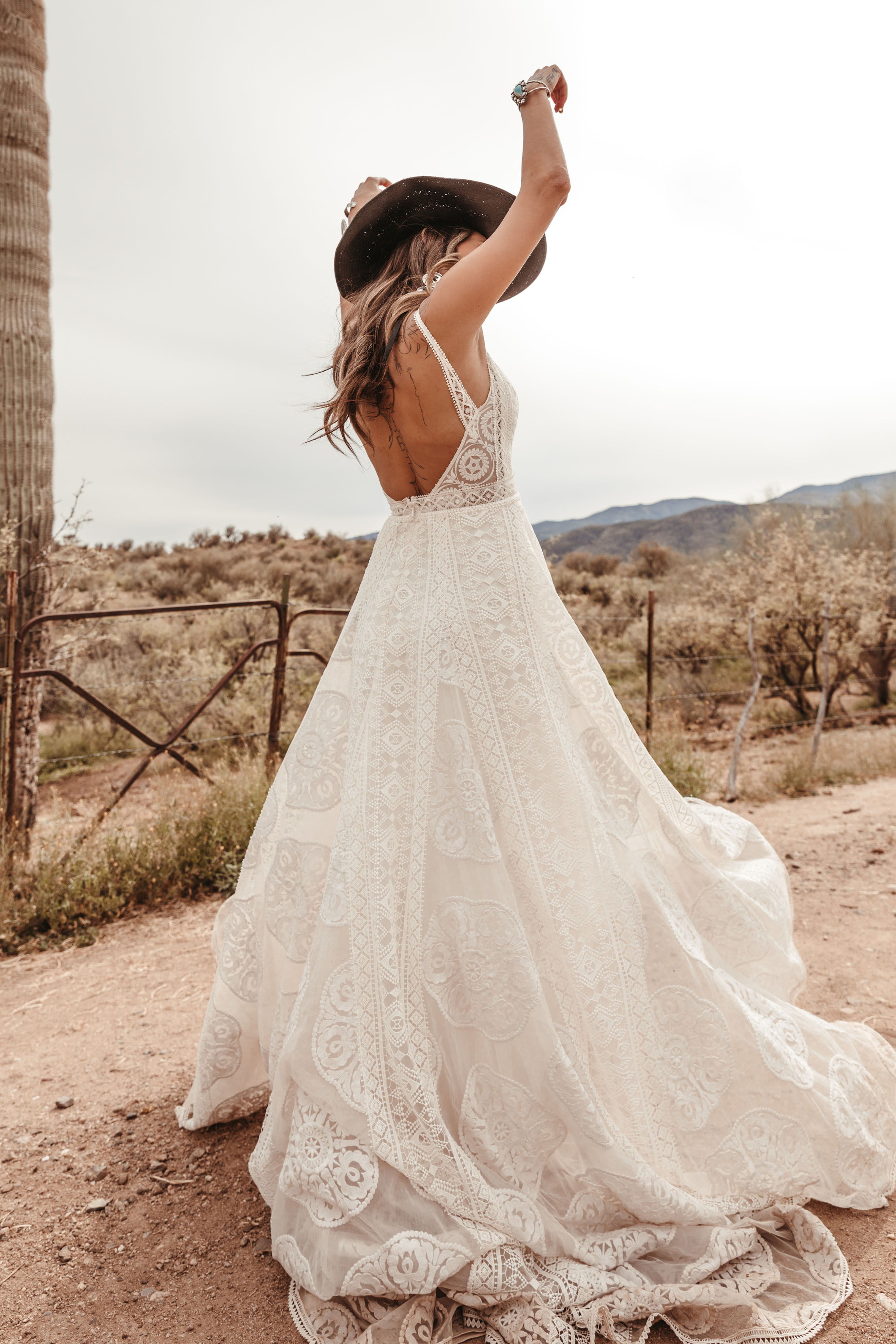  Sedona Gown | Rue De Seine | Rue De Seine Bridal | Moonrise Canyon Collection 2019 | wild west inspired | free spirited bride | modern bride | bohemian | boho bride | boho wedding | wedding gown | bridal gown | plunging v neckline, fitted at waist, 