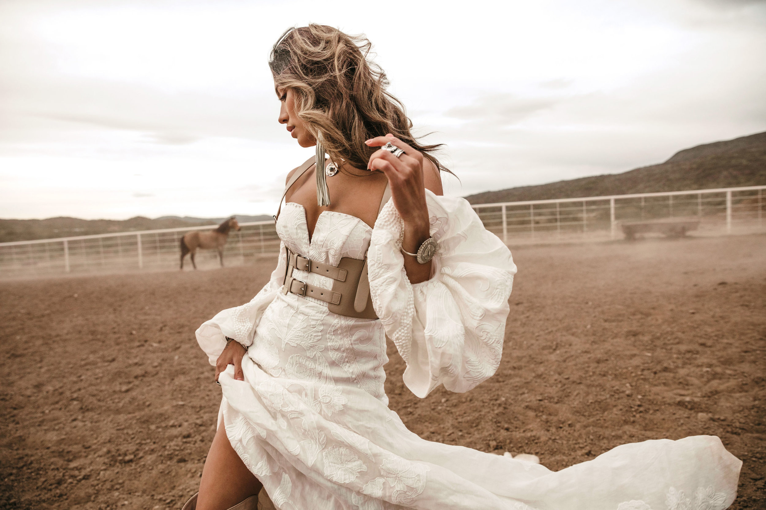  Oakley Gown | Rue De Seine | Rue De Seine Bridal | Moonrise Canyon Collection 2019 | wild west | free spirited bride | bustier shape, fitted bodice, attachable sleeves, applique fabric with full skirt and train | bohemian | modern bride | boho gown 