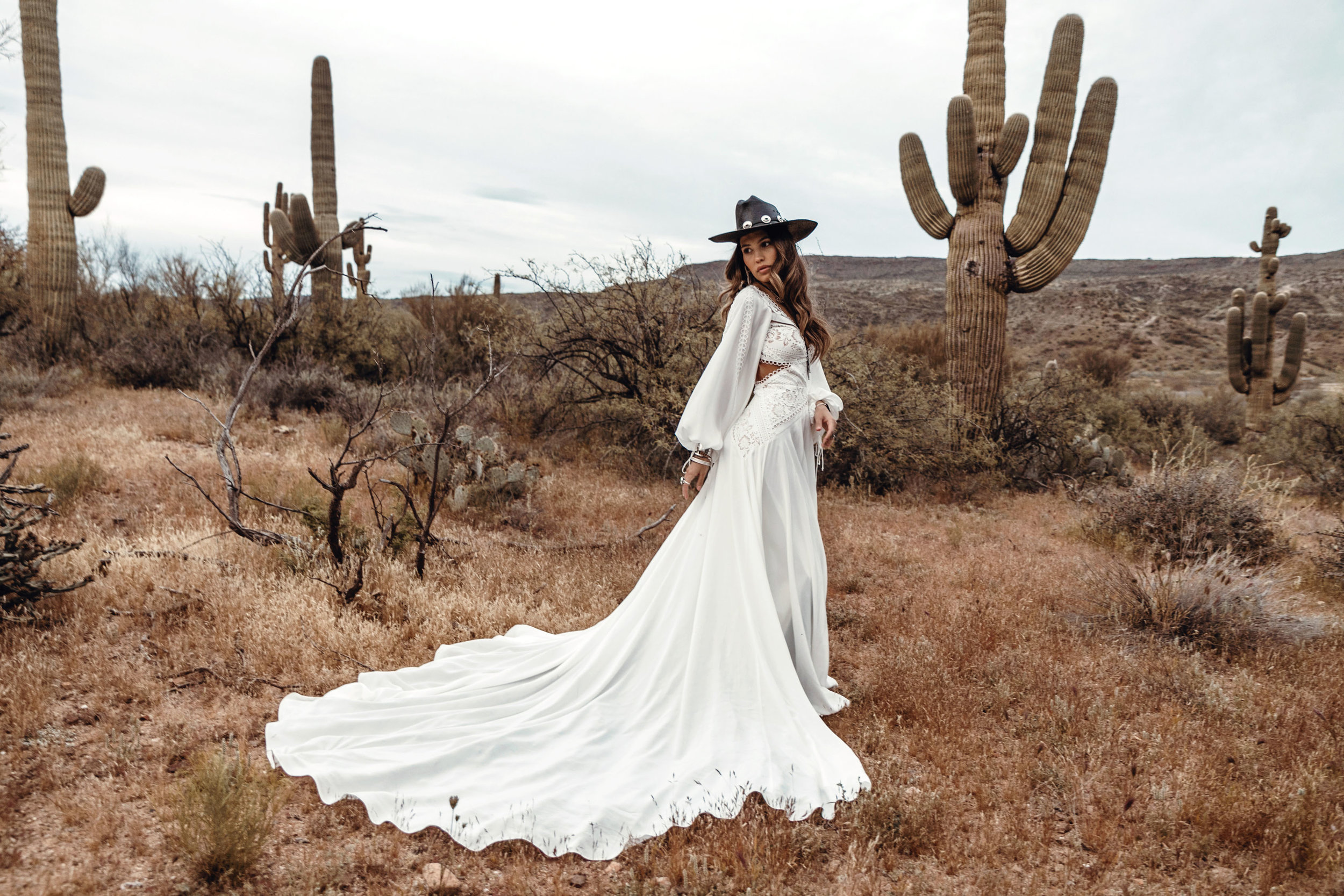  Presley Gown | Rue De Seine | Rue De Seine Bridal | Moonrise Canyon Collection 2019 | wild west inspired | free spirited bride | boho wedding | bohemian | boho bride | wedding Gown | bridal gown | plunging neckline, fitted bodice with side cut out, 